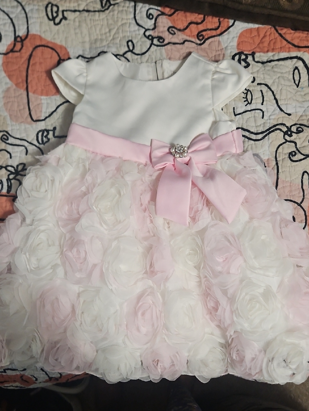 Rare Editions White and Light Pink Rosette Party Dress with Pink Bow